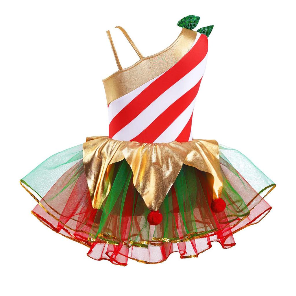 Kids Girls Carnival Cosplay Costume Asymmetrical Shoulder Sleeveless Stripes Print Dress with Headband