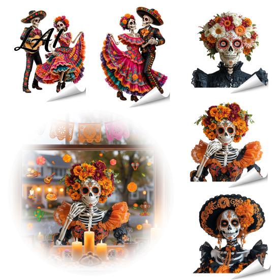Celebration Accessories Day of The Dead Window Clings Halloween Double-Sided Skull Sticker Decals Colorful Flower Skeleton Static for Mexican House