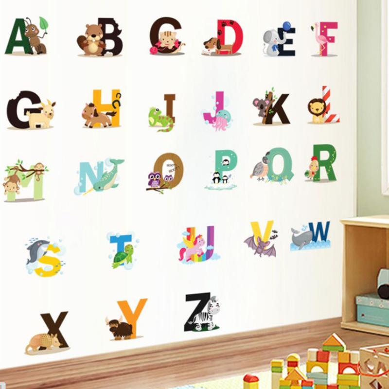 Мультфильм джунгли дикие 26 букв алфавита животные наклейки на стену для детских комнат