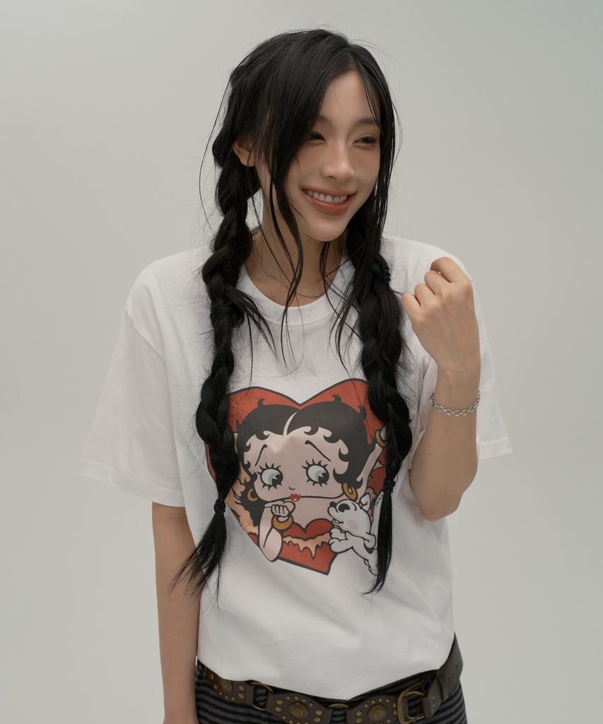 CNVS Betty Boop Heart Bust Oversized Short Sleeve T-Shirt_White
