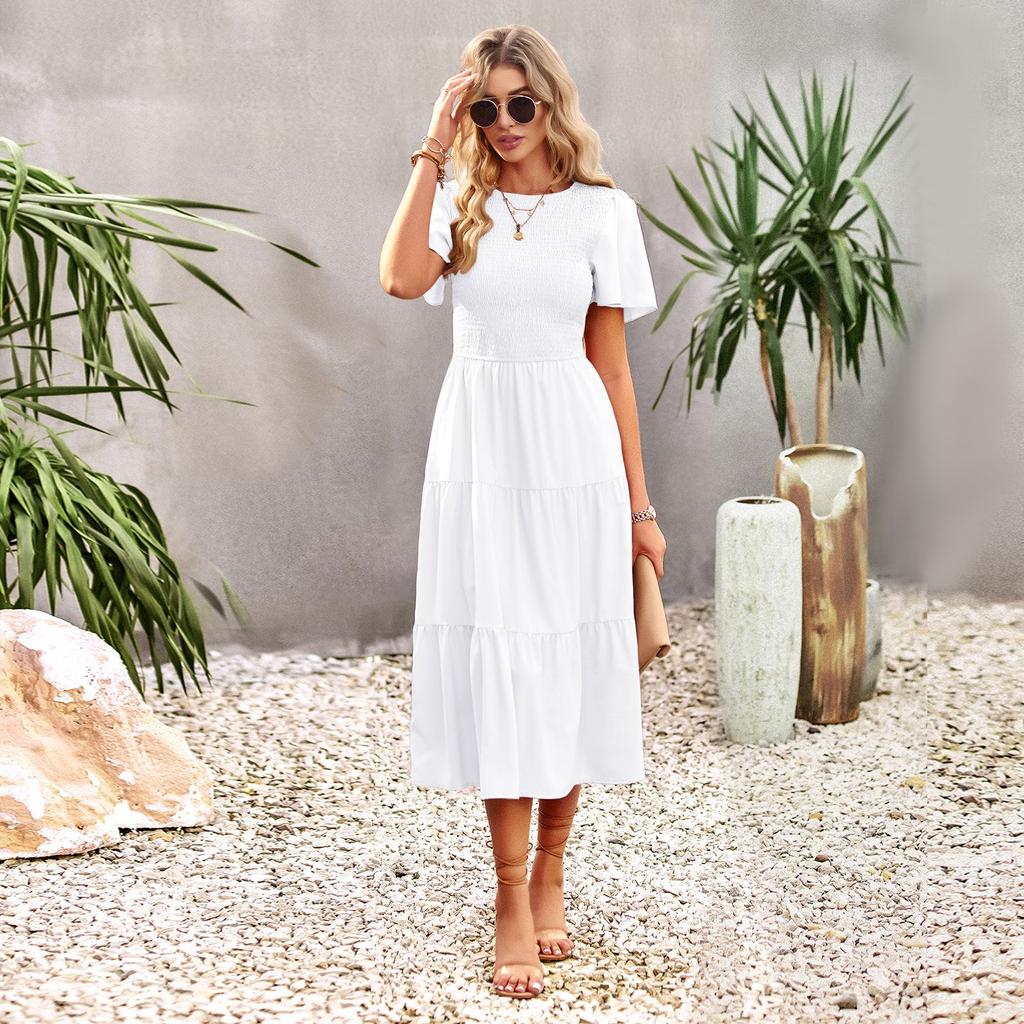 Платье с утягивающей талией и широкими складками, круглым ожерельем, юбка для весенних и летних каникул