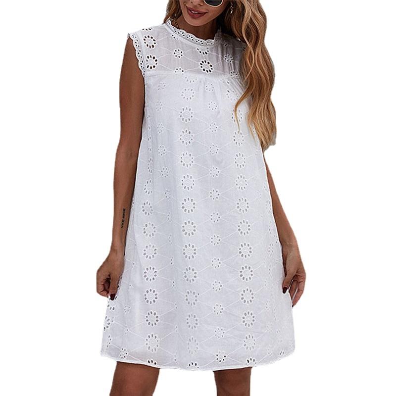 Sleeveless Summer White Dress Women Sweet Fresh Stand Collar Loose Dress Fashion Ruffle A-line Hook Flower Hollow Lace Dress 26623