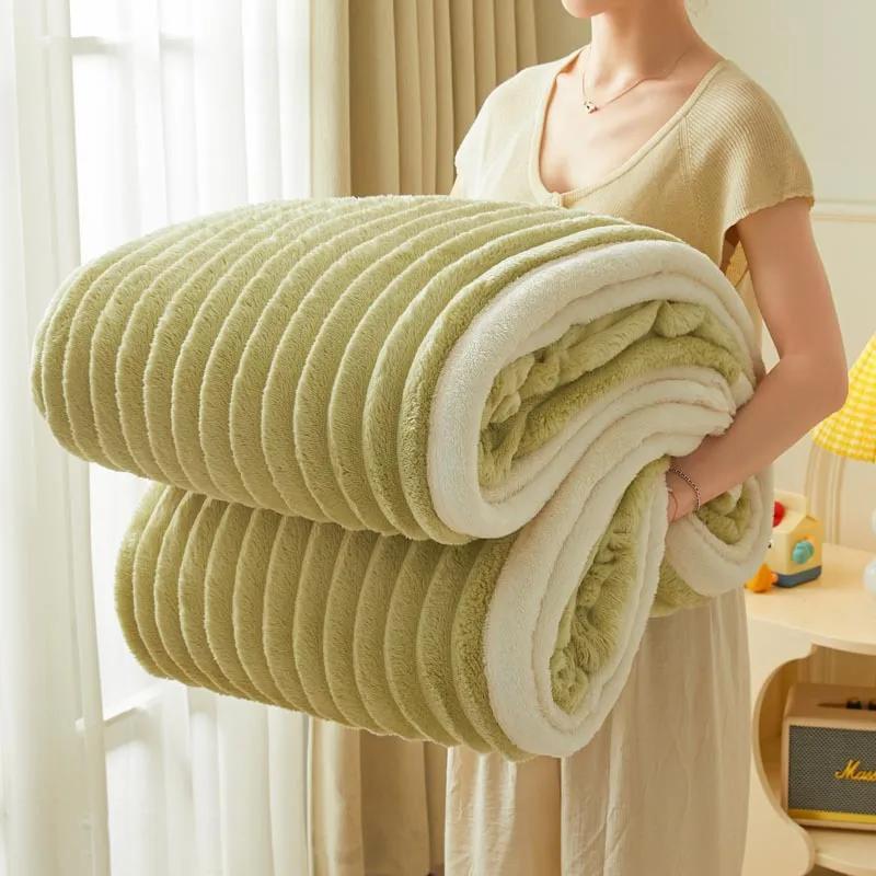 Solid Color Fluffy Blankets Thickened Wide Striped Blanket Soft Warm Sofa Bed Sheet Cover Chunky Nap Blanket Home Bedroom Decor