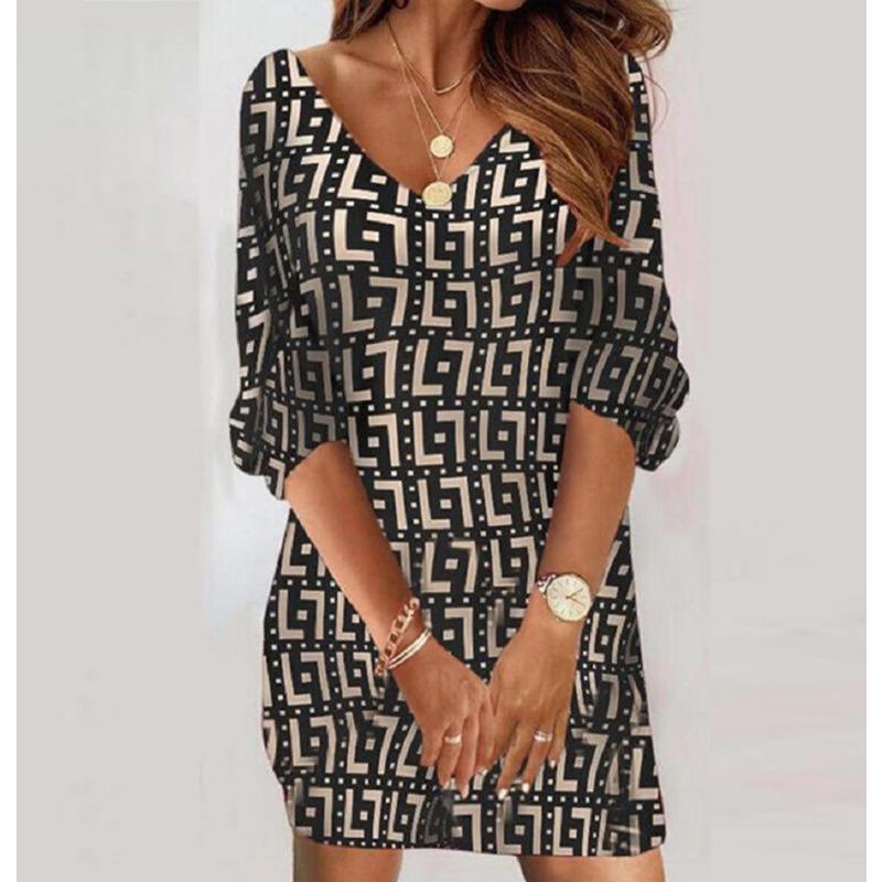 GMXIA Casual Loose V-Neck Printed Midi Sleeve Women's Dresses