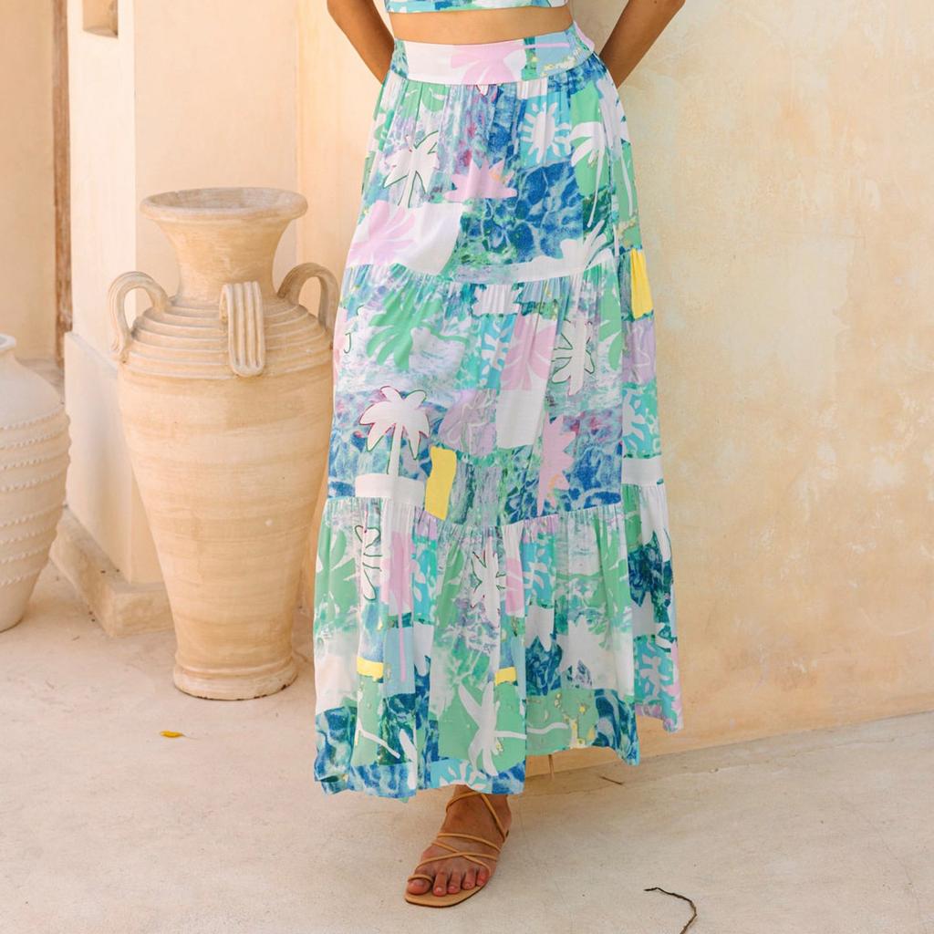 Женские юбки макси с цветочным принтом, летние платья-трубы, длинная плиссированная пляжная юбка А-силуэта