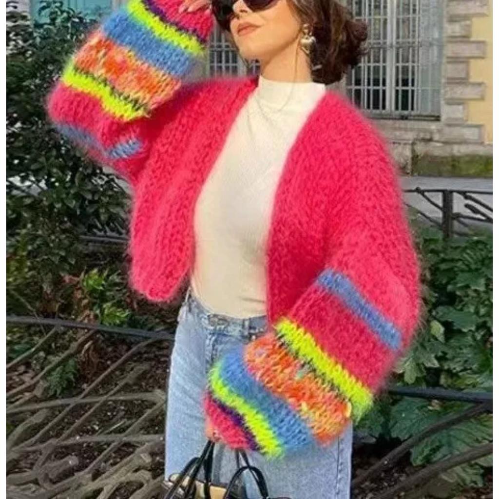 Women Cardigan Sweater Colorful Striped Knitted Coats Long Sleeve Knitwear Jackets Fall Winter Casual Versatile Cardigan