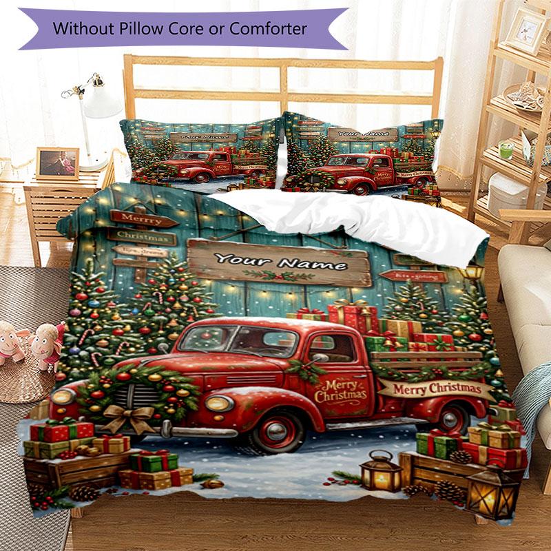 3PC Custom Name Christmas Truck Decorations Bedding Set Duvet Cover Closure Includes 1 Duvet Cover & 2 Pillowcases for Bedroom