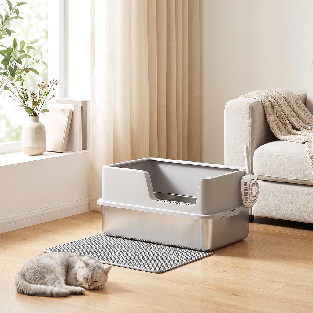 XL Stainless Steel Cat Litter Tray with Lid up to 8 kg Light Grey