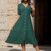 Summer Womnen Single Breasted V-neck Short Sleeved Long Dress Solid Ruffled