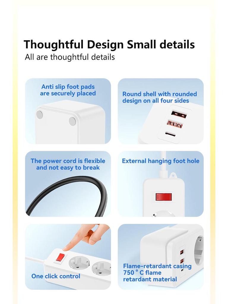 2500W European Power Strip with Switch, Lightning & Surge Protection, German Standard Socket