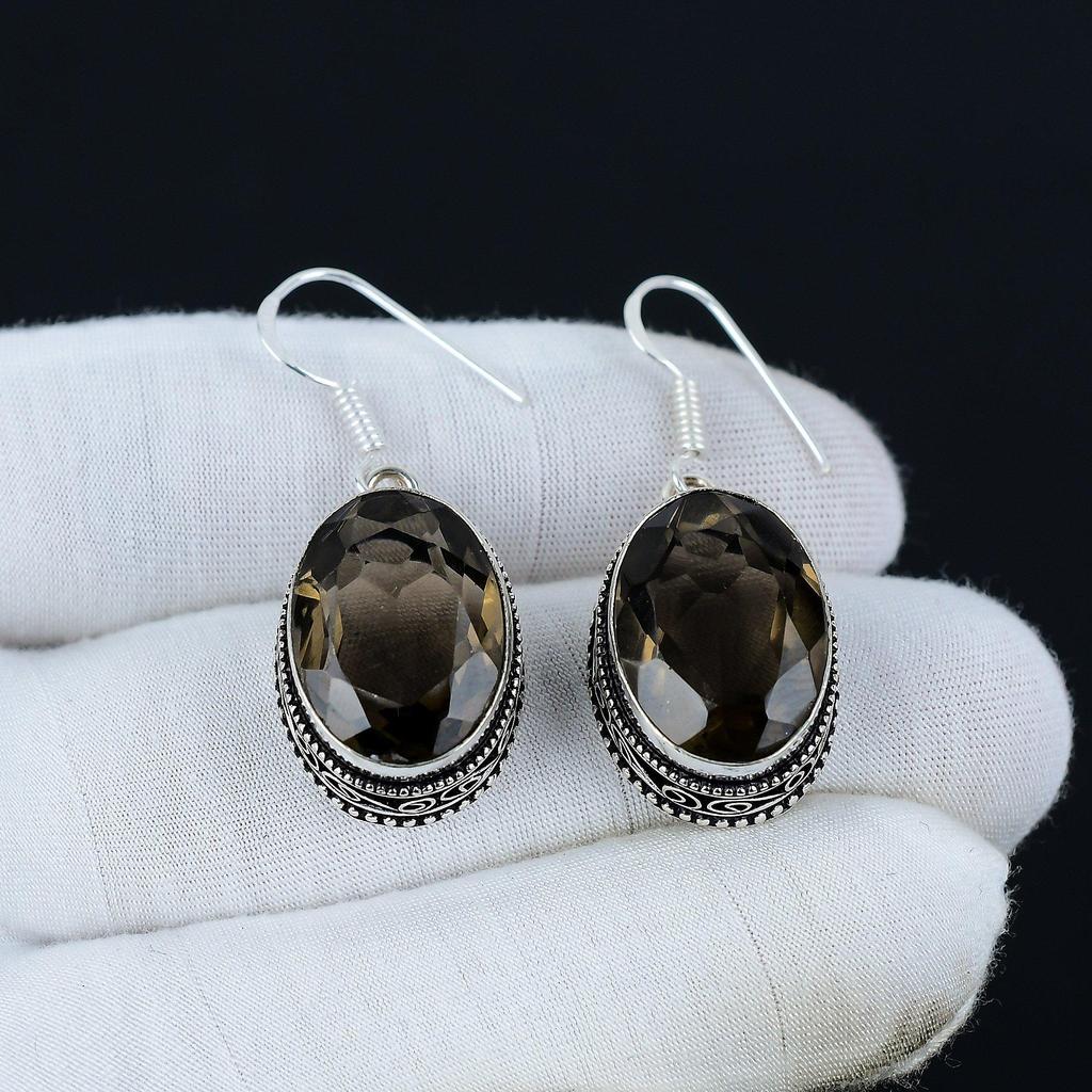 Серьги с дымчатым топазом, серьги из стерлингового серебра 925 пробы, серьги ручной работы, антикварные серьги, драгоценный камень дымчатый топаз, подарки для мамы, украшения для нее