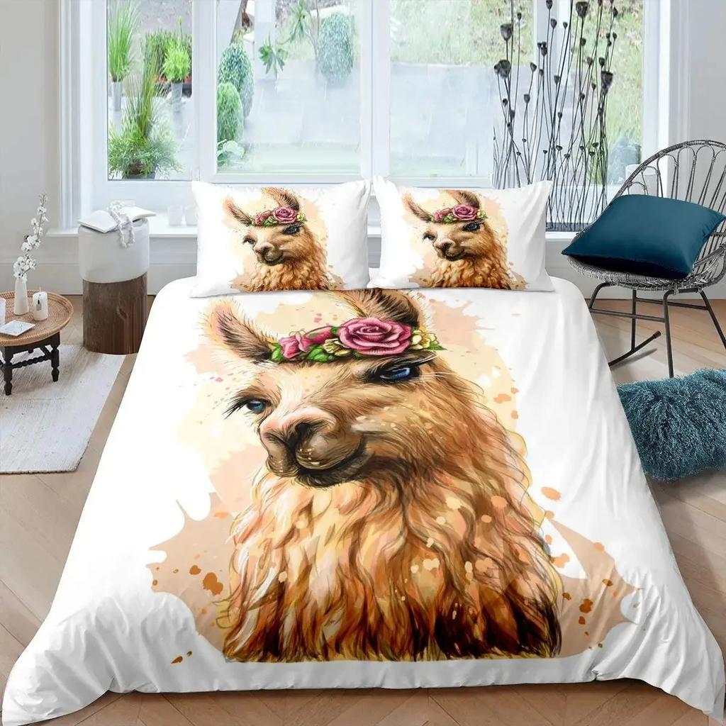 Cute Cartoon Alpaca Llama Cactus Print Duvet Cover Set Full Size, Alpaca Bedding Set Botanical Animal Comforter Cover,Multicolor