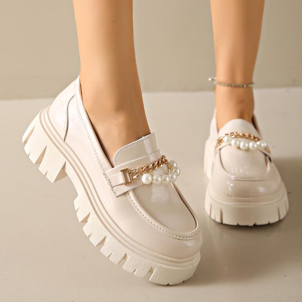 Женские туфли Новые кожаные туфли на толстой платформе с жемчужным украшением Туфли-лодочки без застежек Милые туфли Мэри Джейн