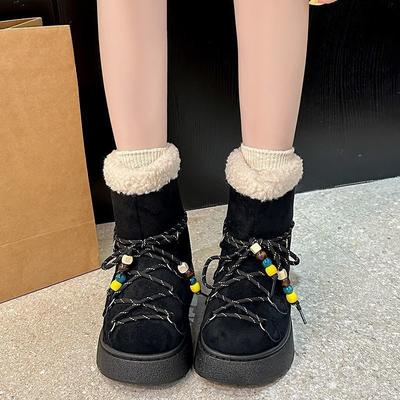 Нишевый дизайн, ремешок, зимние ботинки, женские, 2025, осень и зима, новые, толстая подошва, нескользящие, бархатные, теплые, на шнуровке, хлопковые туфли