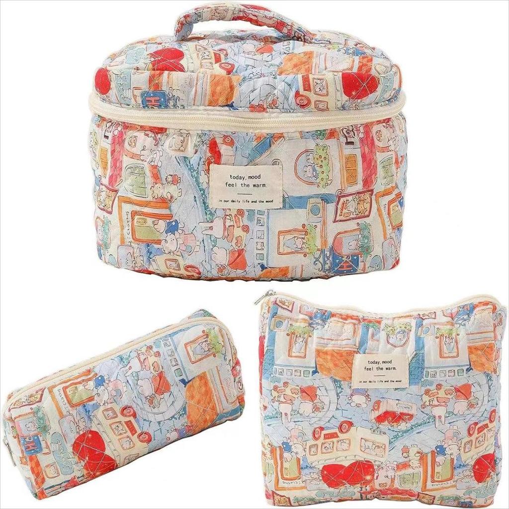 Косметичка из стеганого хлопка с цветочным принтом большой вместимости - Портативная и милая для путешествий или для студенток