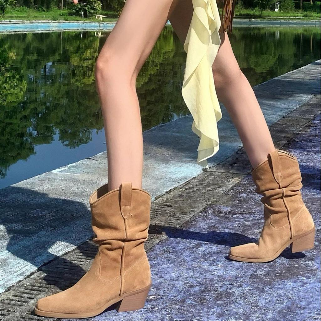 Cowhide Version~ Zhao Silu Retro Medium Tube Knight Boots Matte Pointed Thick Heel Versatile V Boots Thin Pile Boots Women
