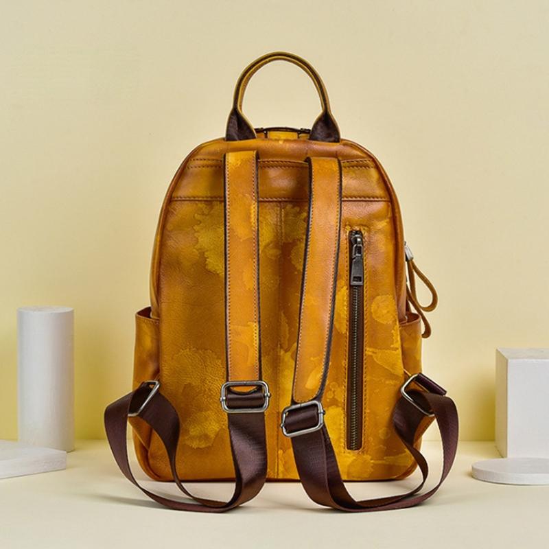 Johnature Retro Genuine Leather Women Bag Hand Painted Backpack First Layer Cowhide Casual Travel Bags