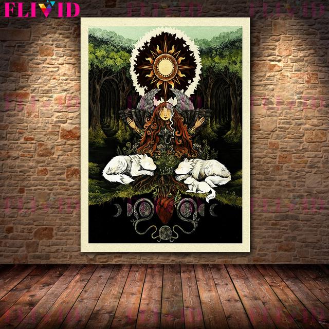 Лесная хранительница ведьма и богиня природы Ретро Фреска Картина маслом Шаман Плакат декоративно-прикладного искусства