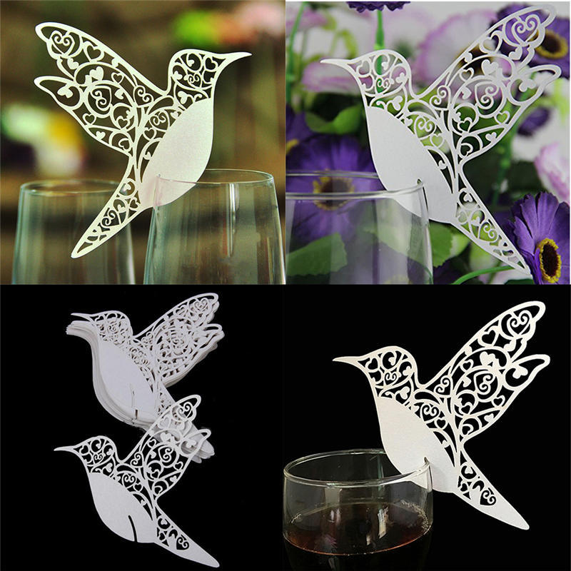 Птица Свадебные карточки с именами для бокалов вина лазерная резка на перламутровой карточке