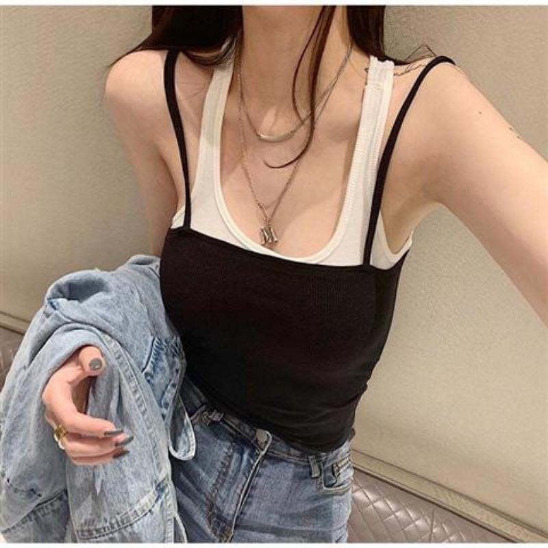 Summer New Korean Style Sexy Hottie Slim Fake Two-piece Color Matching Camisole for Women To Wear Inside and Outside The Top