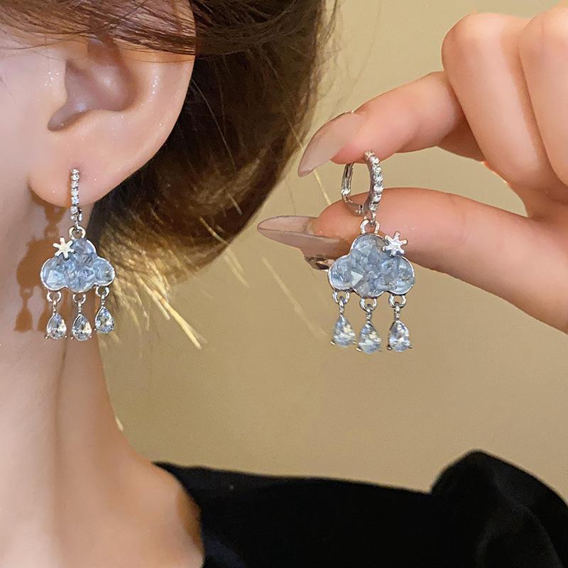 Cute Cloud Hanging Earrings Blue Crystal Rain Cloud Drop Earring Aesthetic Kawaii Zirconia Hoop Dangle Earrings Jewelry