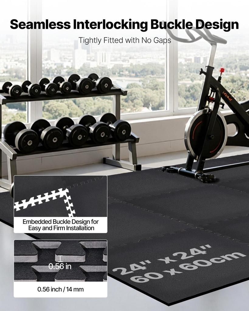 Puzzle Exercise Mat, 12 PCS Fitness Equipment Mats, 610 x 610 x 14 mm, High-Density EVA Foam Gym Mats Set, Interlocking Rubber Soft Tiles, Protective