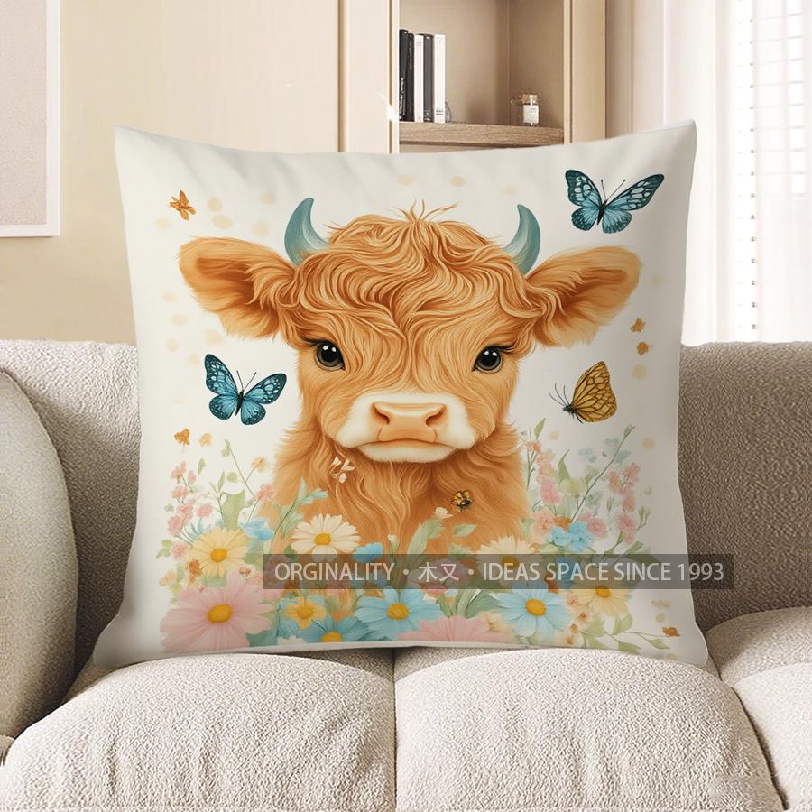 Декор для дома Милый шотландский бык с бабочками и цветами Наволочка с узором Подходит для дивана Спальни Автомобиля