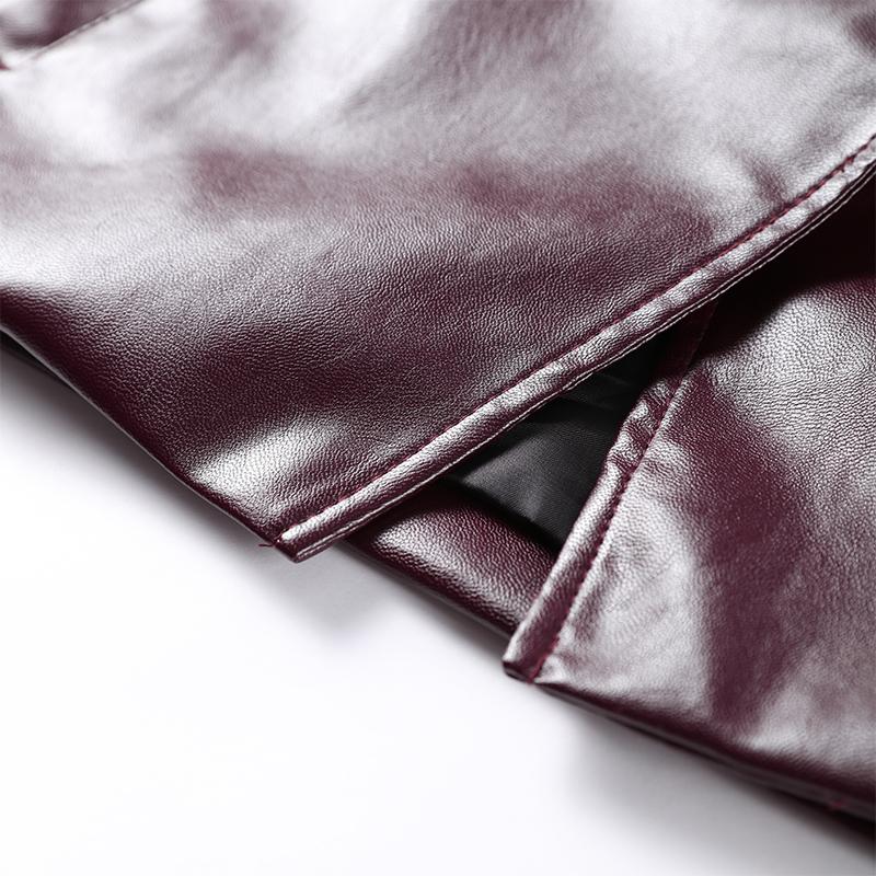 Уличная короткая куртка из кожи бордового цвета с красными карманами и лацканами для женщин, куртка с длинным рукавом, осенняя свободная верхняя одежда для женщин