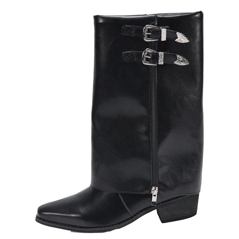 Панк женские гладиаторские высокие сапоги модные зимние новые остроносые трендовые женские туфли 2025 года до середины голени массивные дизайнерские мотоциклетные сапоги