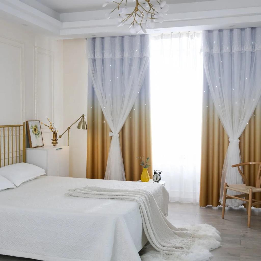 2 шт., простая градиентная цветная занавеска со звездами, занавеска принцессы Ins с высоким затемнением, для спальни, гостиной, двойная тканевая марлевая занавеска