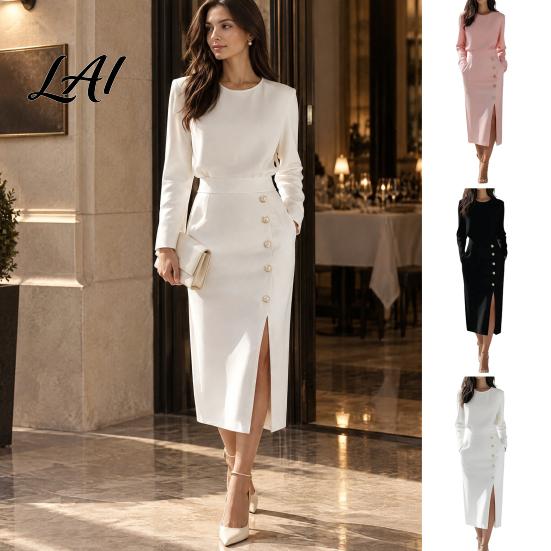 Casual Summer Dress Women Solid Color Midi Dress Slim Fit Autumn with Side Evening Slit O-Neck Long Sleeve Metal Buttons Decor Formal Lightweight