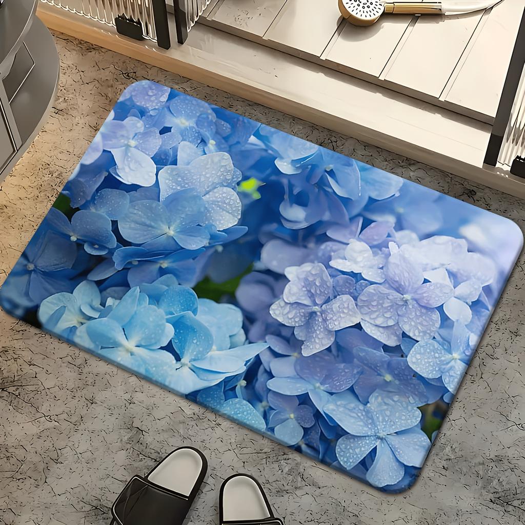 Fresh Blue Hydrangea Doormat Dewdrop Detail Floral Rug Non-Slip Bathroom Mat for Coastal Decor