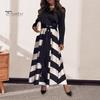 Lady Commuting Dress Turn-down Collar A-line Striped Print Big Swing Long Sleeves Lace-up Tie Waist Formal Business Style Office Maxi Dress