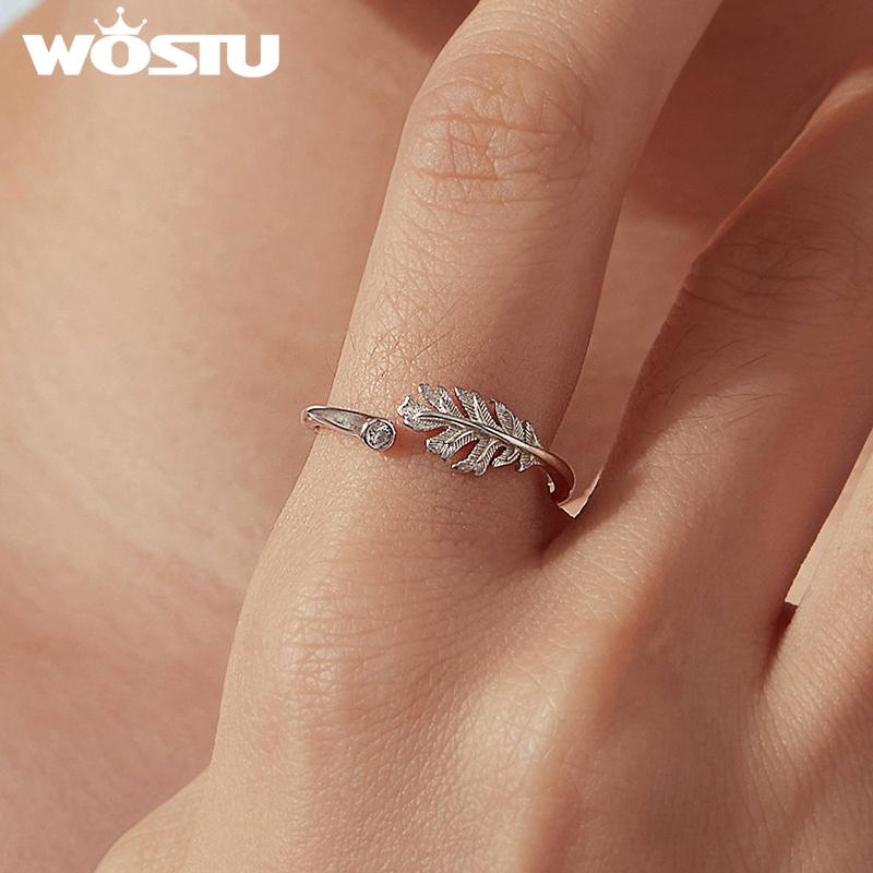 WOSTU 925 Sterling Silver Leaf Open Ring Adjustable Feather Leaf Rings with Zircon Minimalist Jewelry for Women Daily Wear Gift