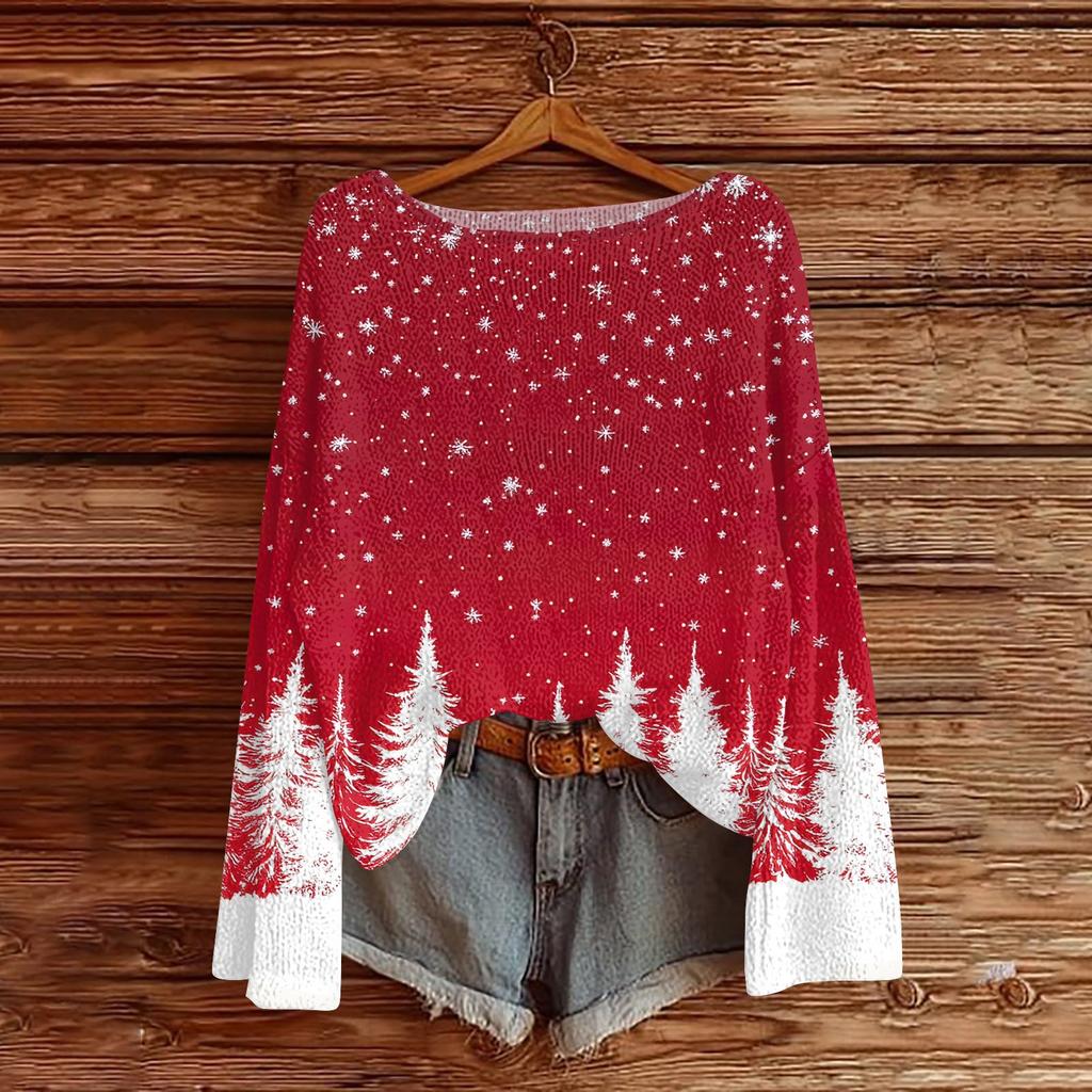 Women's Round Neck Lightweight Sweater Casual Long Sleeve Christmas Print Knit Pullover.