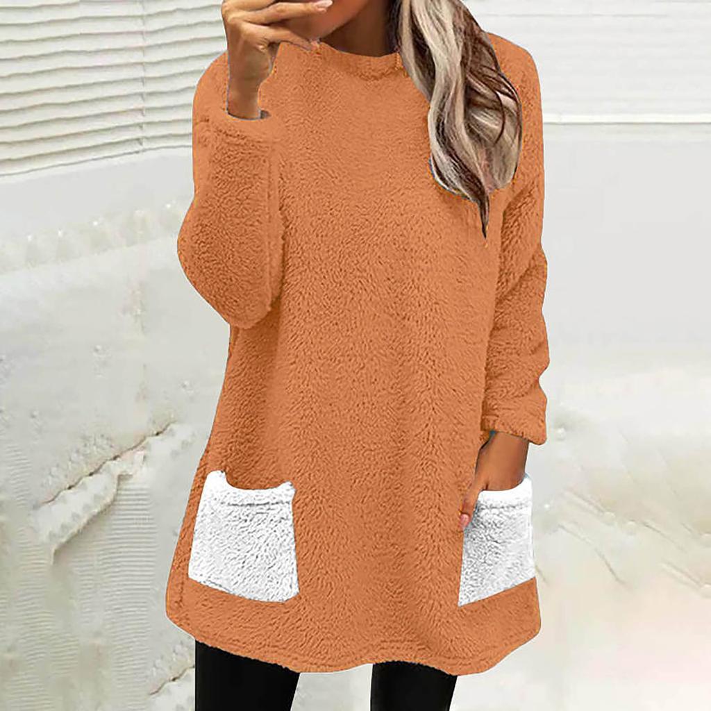 Женская модная повседневная толстовка с длинным рукавом и карманом, цветная плюшевая футболка, топ