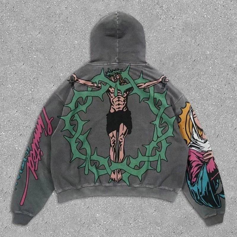 Vintage Wash Hooded Sweatshirt Loose Fit Back Graphic Print Streetwear Men Women
