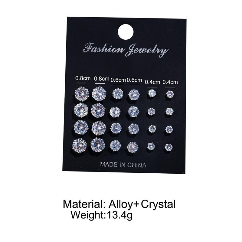 Classic 12Pairs Cubic Zirconia Stud Earrings Set For Women Silver Color Round Heart Crystal Rhinestone Earrings Brinco Jewelry