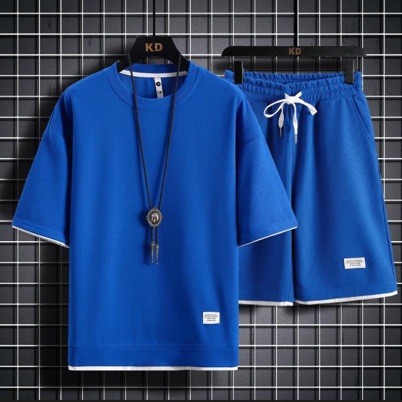 Вафельный короткий рукав мужской летний повседневный спортивный мужской костюм рубашка свитер мужской футболка шорты из двух частей для мужчин