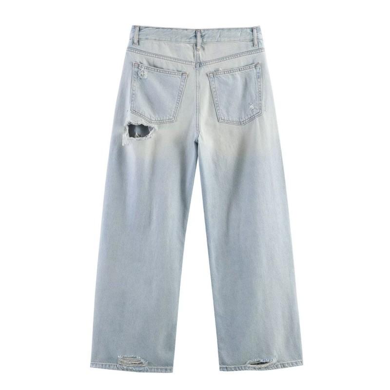 Womens 2026 Distressed Loose Fit Mid-Rise Straight Jeans - Light Blue Casual Streetwear Pant