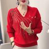 Autumn Winter Women Sweaters Pullovers Solid V-Neck Diamonds Temperament Fashion Casual Long Sleeve Bottoming Shirt Knit Tops