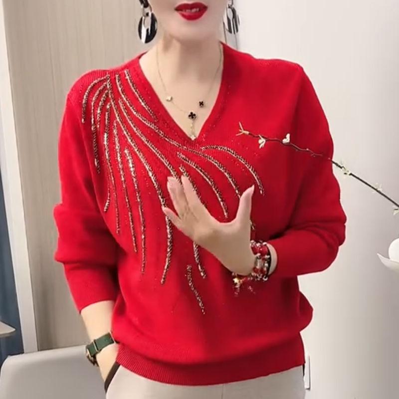 Autumn Winter Women Sweaters Pullovers Solid V-Neck Diamonds Temperament Fashion Casual Long Sleeve Bottoming Shirt Knit Tops