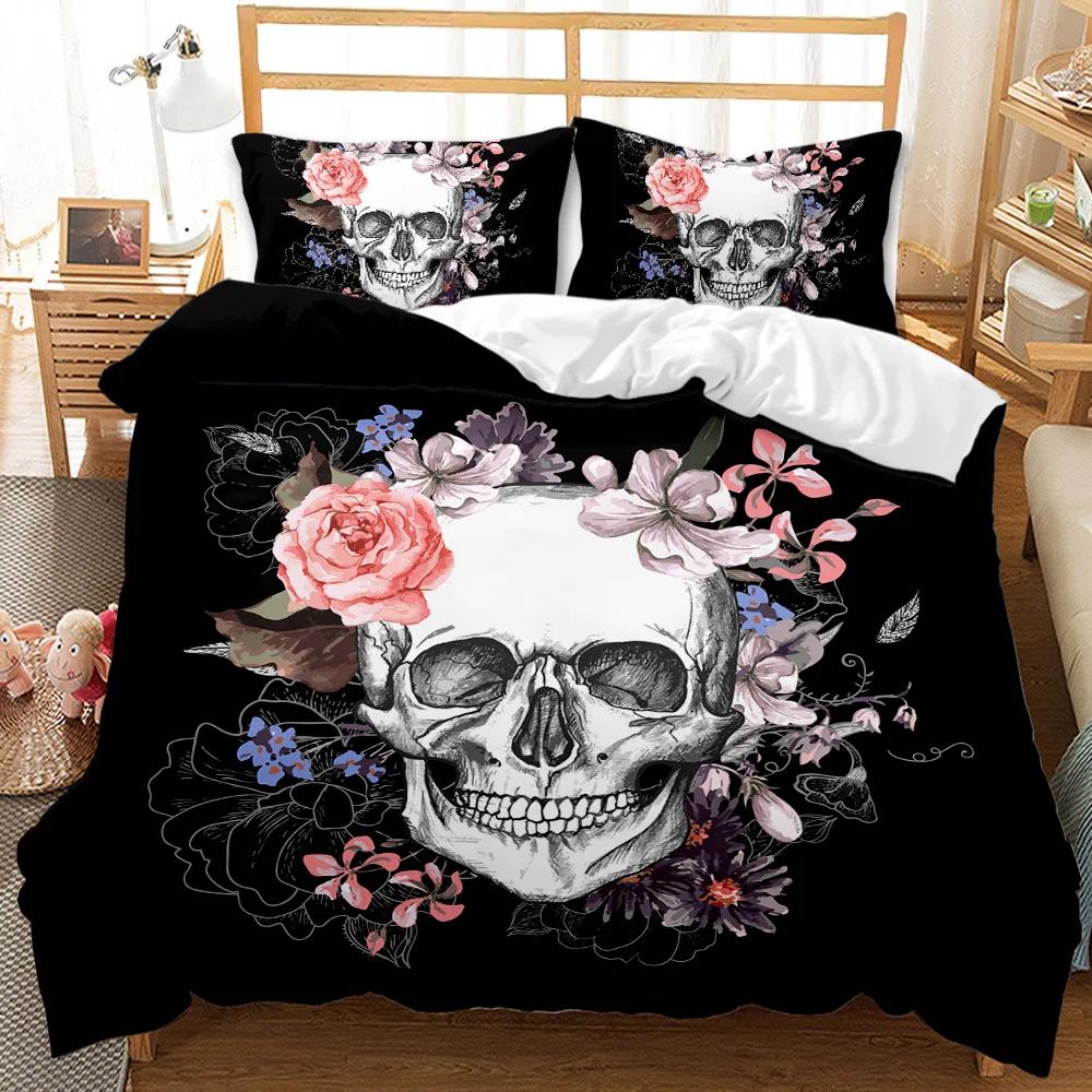 Комплект постельного белья с черепом Queen 3D Skeleton Floral Skull Pattern Printed Beds Qulit Cover Gothic Microfiber Beds Queen Size