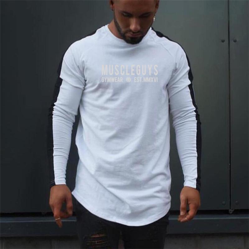 Muscleguys Letter Printed Long Sleeved T-Shirts Mens Sports Undershirts Color Block Tees