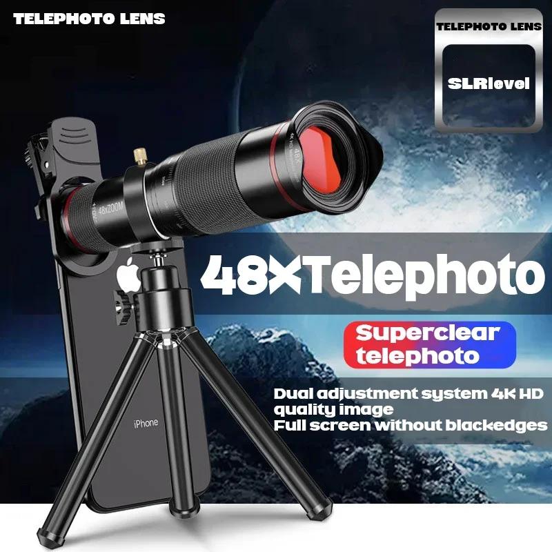 48-кратный телеобъектив-трансфокатор для мобильного телефона, мощный монокуляр, металлический телескоп, мобильный HD-телеобъектив с штативом для кемпинга