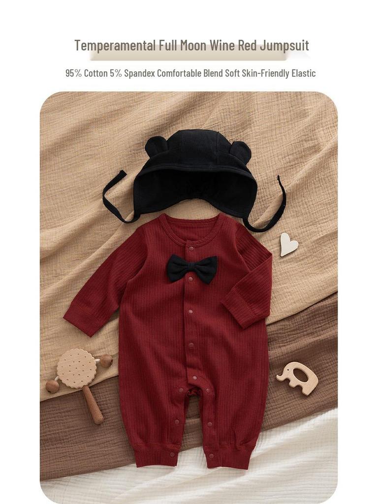 Unisex Red Baby Romper: 100 Days Full Moon Festive Outfit, Pure Cotton, Spring/Autumn, New Year Horse Theme.