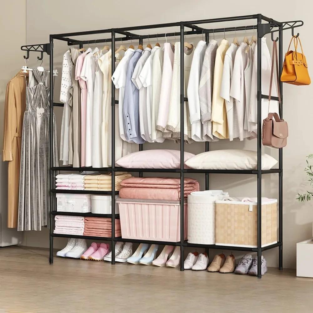 Floor Standing Coat Rack Bedroom Double Row Clothe Shelves Simple Large Capacity Wardrobe Closet For Clothes And Shoes Assembly