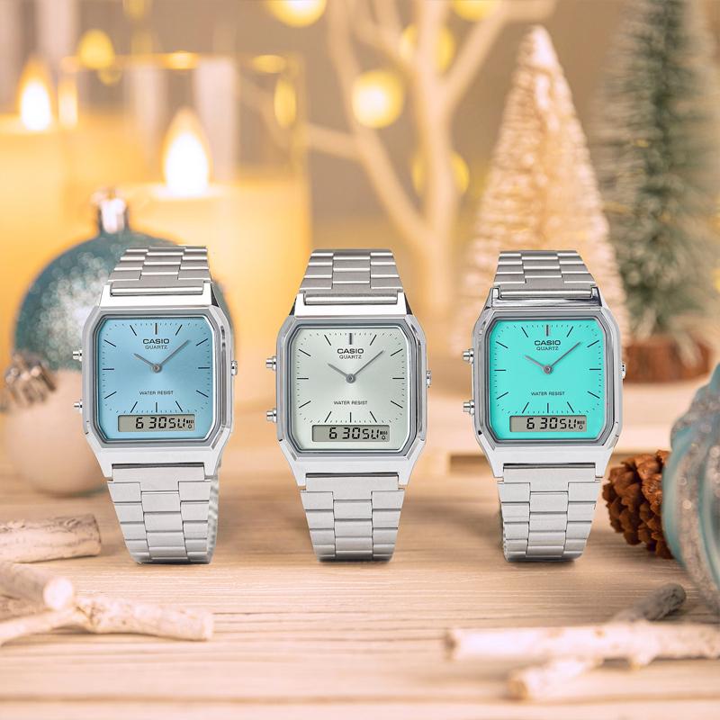 Casio Серия VINTAGE - квадратные, водозащита для повседневного использования, кварцевый механизм, ремешок из нержавеющей стали, японские и корейские часы, женские часы, синие AQ-230A-2A2MQY