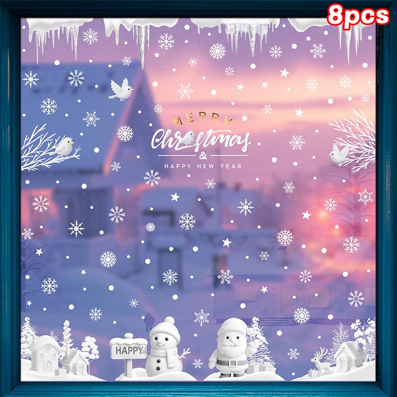 Christmas Decorations, White Snowflakes, Snowmen, Static Cling Stickers, Shop Window Decorations, Glass Stickers