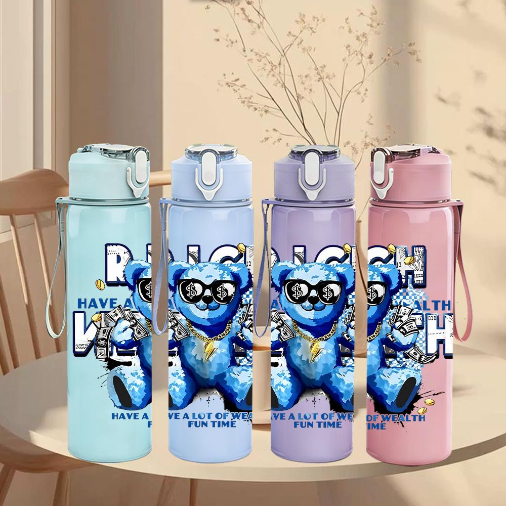 1PC Rich Blue Bear Glasses Portrait 750ml Color Plastic Water Bottle Leakproof Flip Straw Lid For Sports Office Home Use